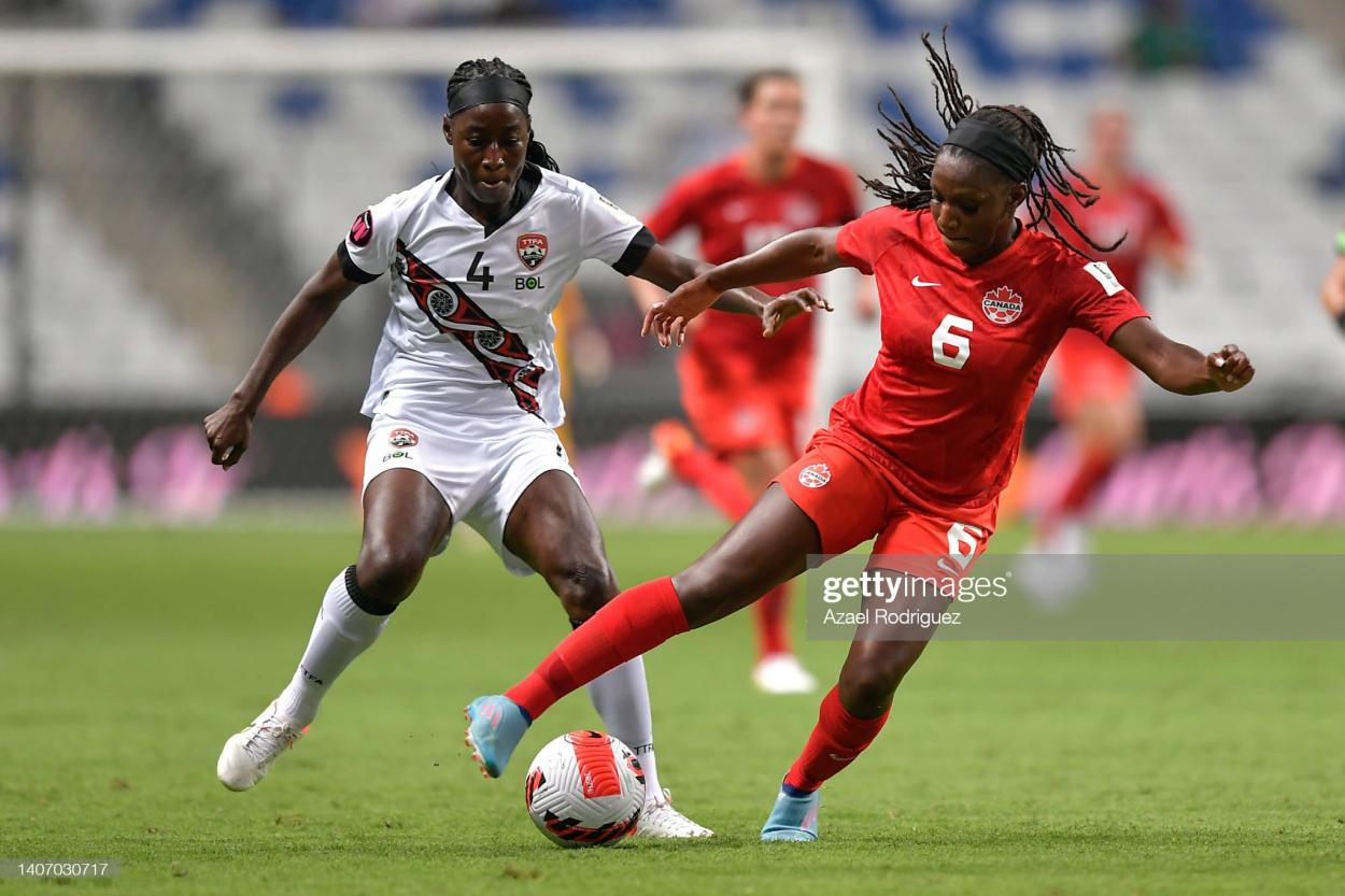 Deanne Rose of Canada fights for the ball with Rhea Belgrave of Trinidad and Tobago during the match between Canada and Trinidad & Tobago in Monterrey, Mexico. (Photo by Azael Rodriguez/Getty Images)