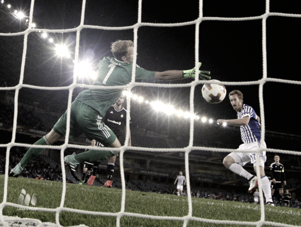 Zurutuza en su gol ante el Rosenborg / Foto vía La Liga