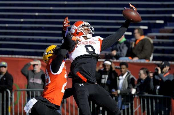 Defensive Back Jalen Mills of LSU (28) breaks up a pass during Senior Bowl practice at Ladd-Peebles Stadium. Photo: Glenn Andrews-USA TODAY Sports