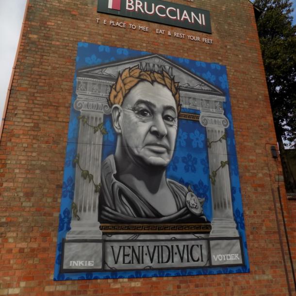 Claudio Ranieri depicted as a Roman God outside of Brucciani's in Leicester. Source - Emily Collins.