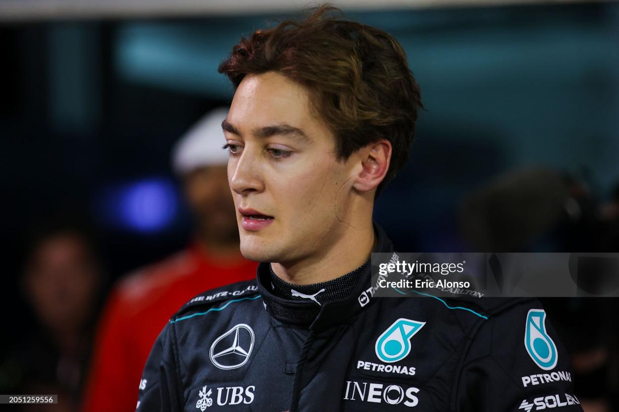George Russell of Gret Britain and Mercedes looks on during qualifying ahead of the F1 Grand Prix of Bahrain at Bahrain International Circuit on March 01, 2024 in Bahrain, Bahrain. (Photo by Eric Alonso/Getty Images)