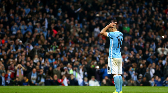 An unfamiliar sight: Aguero holds his hands on his head after slotting narrowly wide. | Photo: Getty