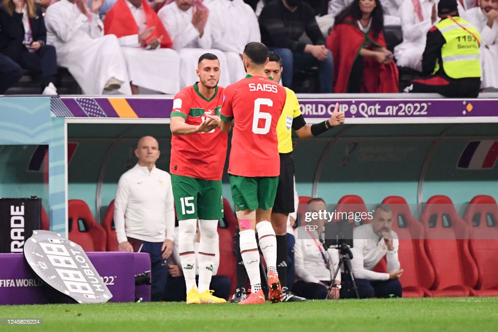 Morocco captain Romain Saiss being substituted during their game with France. (Photo by Anthony Bibard/FEP/Icon Sport via Getty Images)