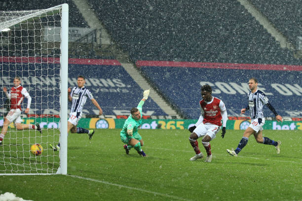 Saka finished a lovely move against West Brom (Photo by Simon Stacpoole via Getty Images)