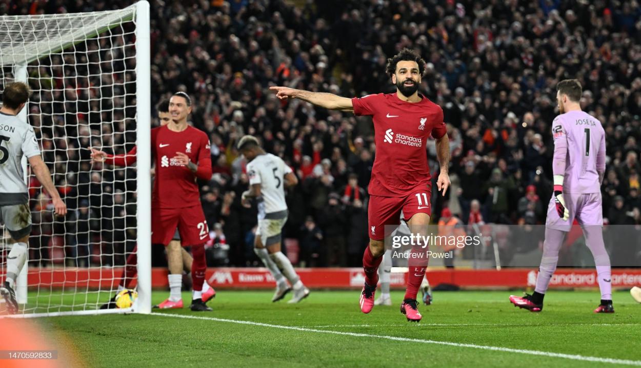 Salah celebrates after scoring the second goal. (Photo by Andrew Powell/Liverpool FC via Getty Images)