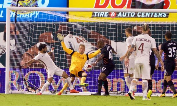 Salah fires past Mignolet to restore Roma's lead. (Picture: Liverpool FC)