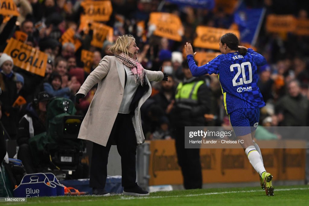 Sam Kerr of Chelsea celebrates with <strong><a href='https://www.vavel.com/en/football/2023/01/21/womens-football/1135314-chelsea-vs-liverpool-womens-super-league-preview-gameweek-12-2023.html'>Emma Hayes</a></strong>, Manager of Chelsea after scoring her team's first goal during the FA Women's Continental Tyres League Cup Final match between Chelsea women and <b><a href='https://www.vavel.com/en/data/manchester-city'>Manchester City</a></b> women at The Cherry Red Records Stadium on March 05, 2022 in Wimbledon, England. (Photo by Harriet Lander - Chelsea FC/Chelsea FC via Getty Images)