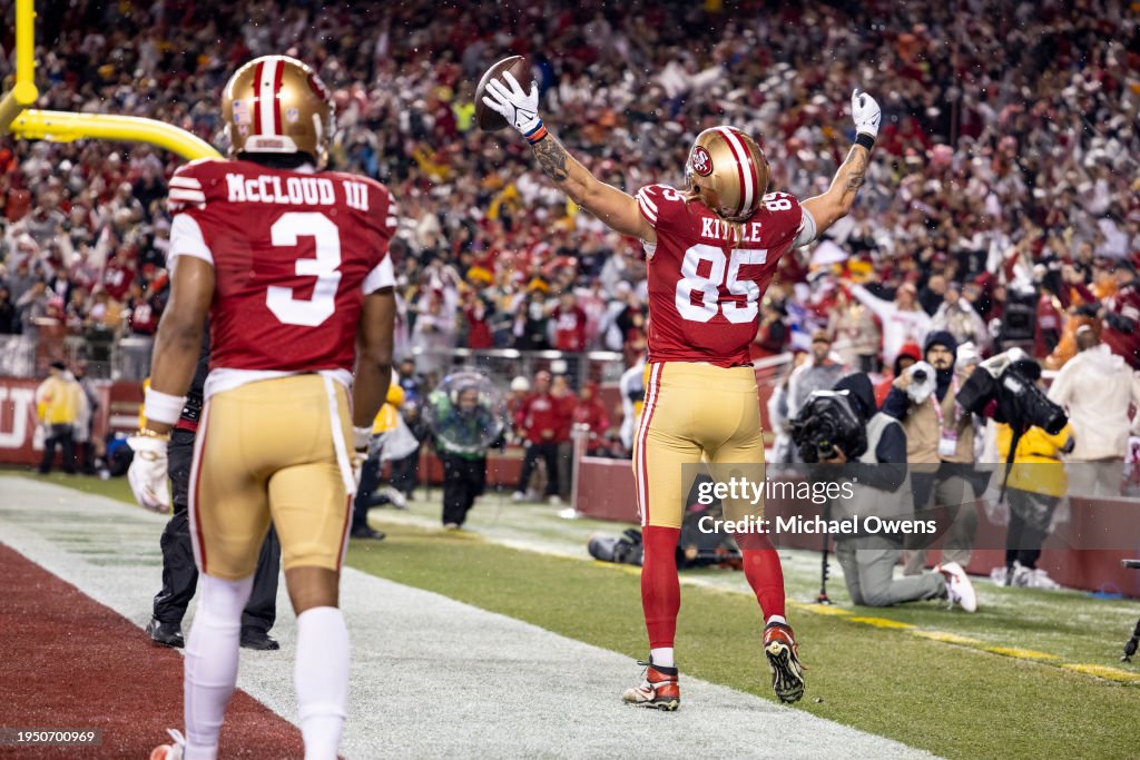 George Kittle #85 of the San Francisco 49ers celebrates after scoring a touchdown during an NFL divisional round playoff football game between the San Francisco 49ers and the Green Bay Packers at Levi's Stadium on January 20, 2024 in Santa Clara, California. (Photo by Michael Owens/Getty Images)