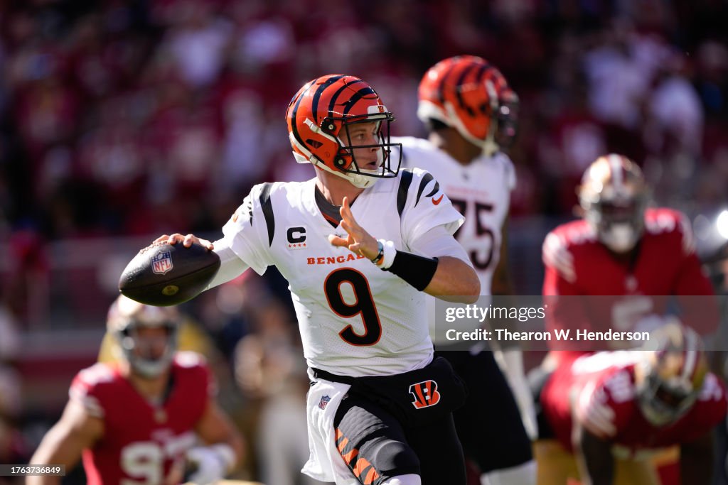 Joe Burrow #9 of the Cincinnati Bengals throws the ball during the first half against the San Francisco 49ers at Levi's Stadium on October 29, 2023 in Santa Clara, California. (Photo by Thearon W. Henderson/Getty Images)