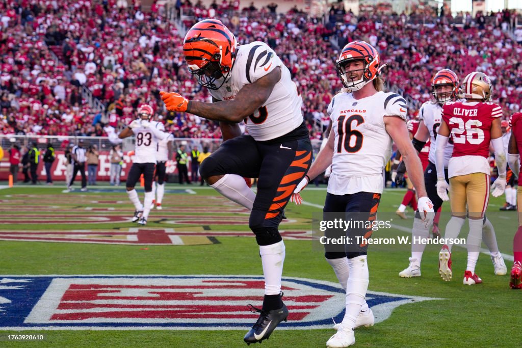 Joe Mixon #28 of the Cincinnati Bengals celebrates after scoring a touchdown during the fourth quarter of the game against the San Francisco 49ers at Levi's Stadium on October 29, 2023 in Santa Clara, California. (Photo by Thearon W. Henderson/Getty Images)