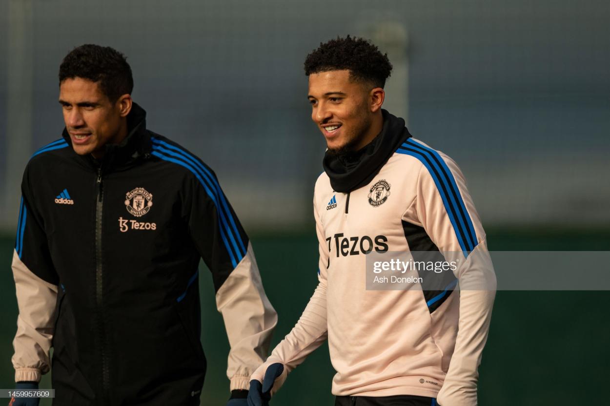 Jadon Sancho(right) in training ahead of Reading. (Photo by Ash Donelon/Manchester United/Getty Images.)