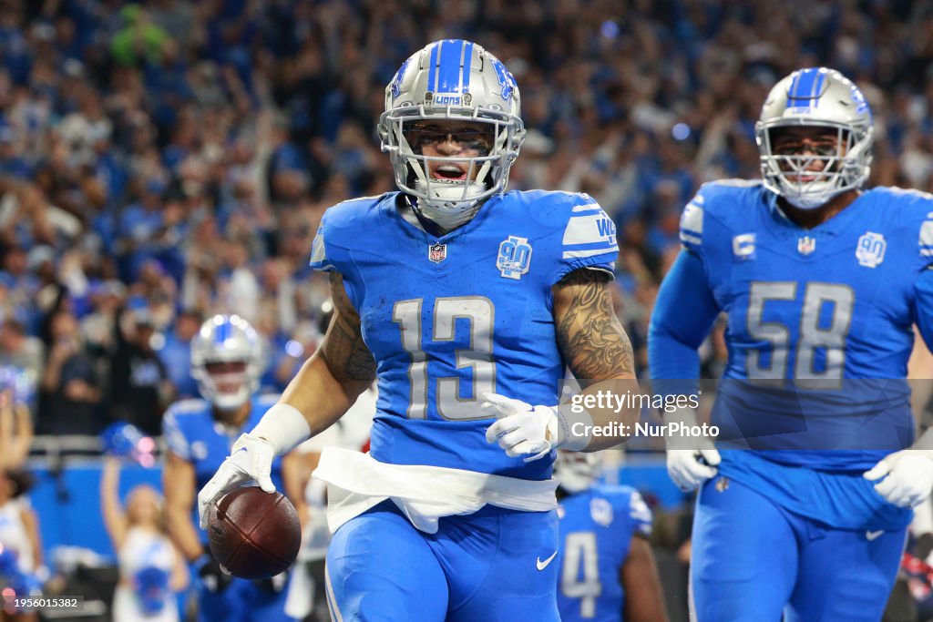 Detroit Lions running back Craig Reynolds (13) celebrates after scoring a touchdown during the second half of the NFC Divisional Round Playoffs between the Tampa Bay Buccaneers and the Detroit Lions in Detroit, Michigan USA, on Sunday, January 21, 2024. (Photo by Jorge Lemus/NurPhoto via Getty Images)