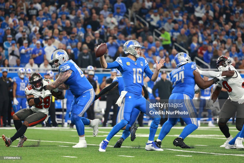 Detroit Lions quarterback Jared Goff (16) looks to pass during the first half of the NFC Divisional Round Playoffs between the Tampa Bay Buccaneers and the Detroit Lions in Detroit, Michigan USA, on Sunday, January 21, 2024. (Photo by Jorge Lemus/NurPhoto via Getty Images)