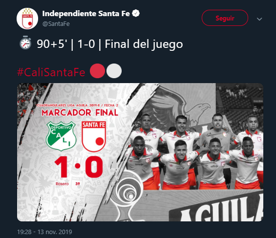 Es la primera derrota de Santa Fe luego de casi tres meses, cuando cayó ante Rionegro Águilas. Imagen: @SantaFe