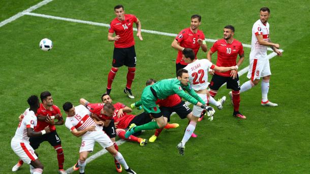 Schar watches on as his header flies towards goal against Albania | Photo: Goal.com