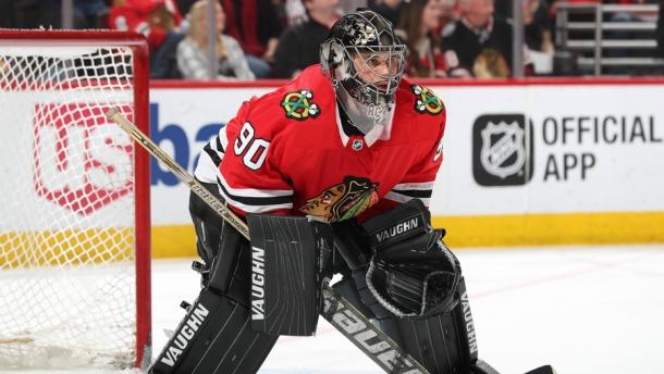 Scott Foster was pressed into duty in the net for the Chicago Blackhawks. (Photo by Chase Agnello-Dean/NHLI via Getty Images)