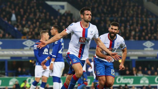 Scott Dann celebrates after giving his side the lead at Goodison Park in December | Photo: Getty images