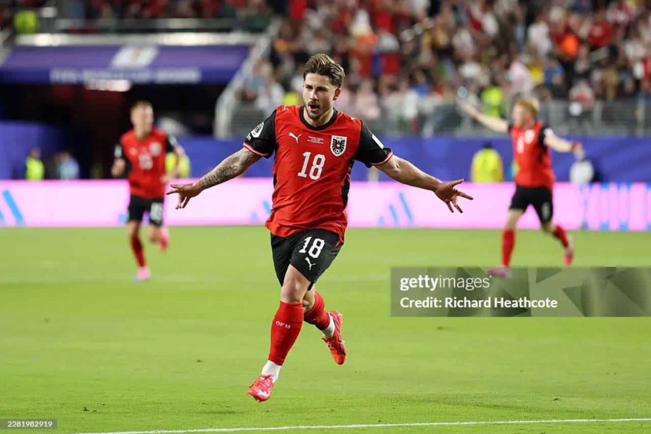 Romano Schmid celebrating after scoring against Jordan at the FIFA World Cup 2026 (Photo by Richard Heathcote via Getty Images)