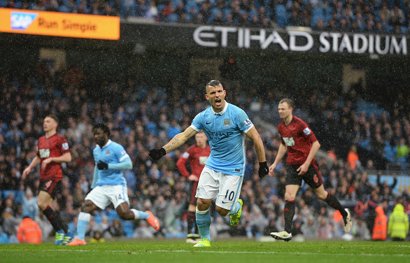 200 club: Aguero wheels away to celebrate his well-taken penalty, to equalise for the Citizens. | Photo: Getty