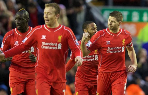 Gerrard celebrates the second of his two penalties in the 2-2 draw with Leicester. (Picture: Getty Images)