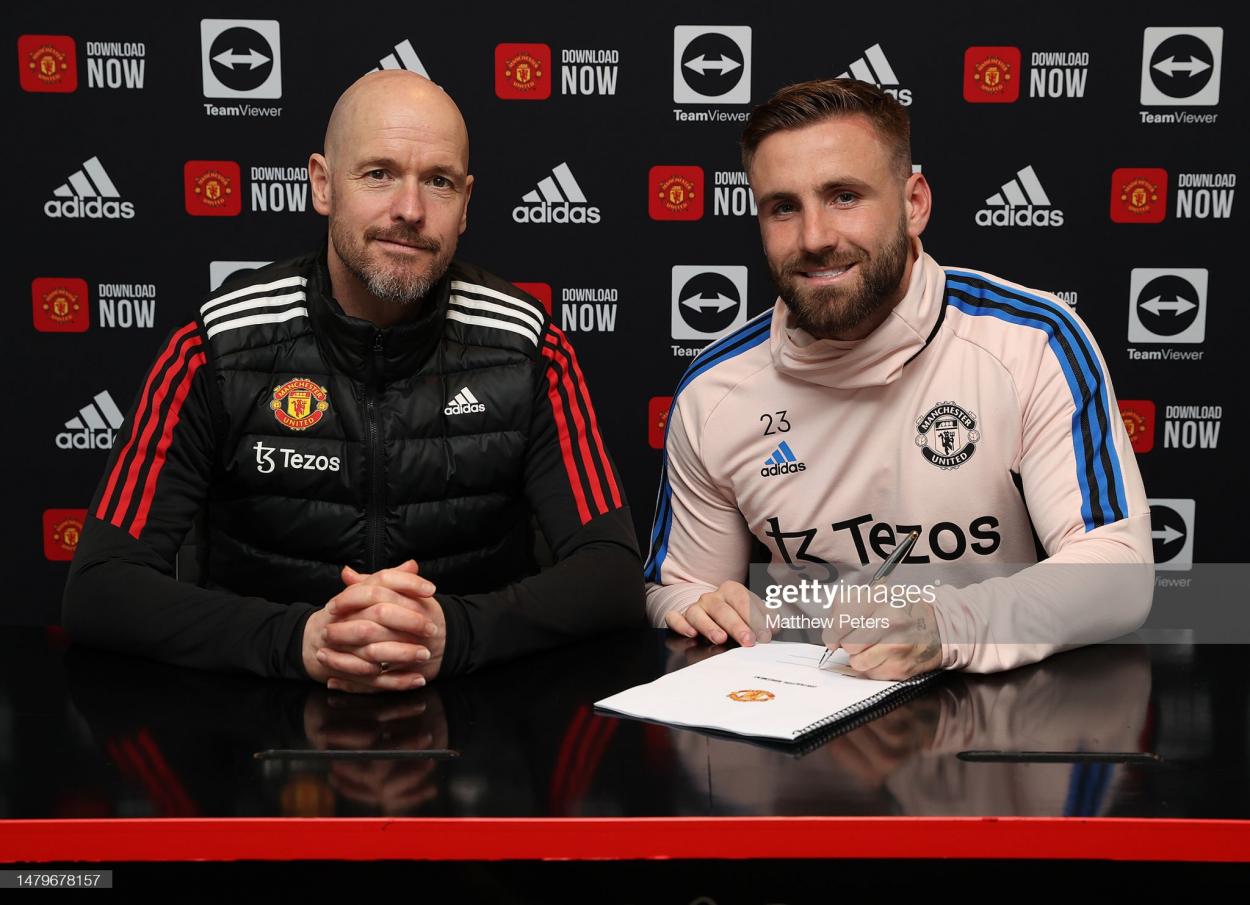 Luke Shaw with Erik ten Hag during the announcement of his new contract. (Photo by Matthew Peters/Manchester United/Getty Images)