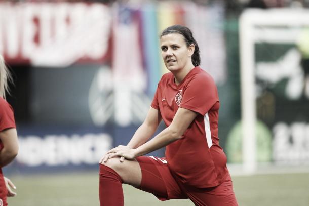 Christine Sinclair opened the scoring from the penalty spot in Portland's win over Sky Blue FC on Wednesday (photo via Portland Thorns FC on twitter)