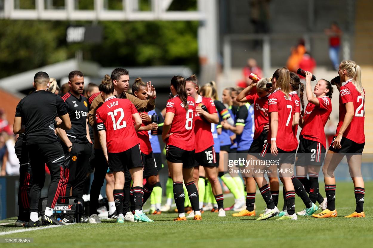 Manchester United Head Coach / Manager Marc Skinner reacts during the FA Women's Super League match between Manchester United and Tottenham Hotspur at Leigh Sports Village on May 7, 2023 in Leigh, United Kingdom. (Photo by Charlotte Tattersall - MUFC/Manchester United via Getty Images)
