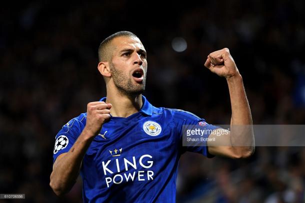 Islam Slimani celebrates his goal in Leicester's 1-0 win over Porto on the UEFA Champions League | Photo: Getty/ Shaun Botteril