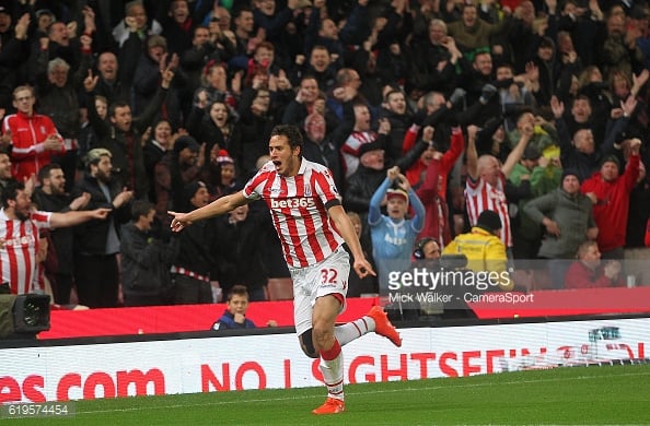 Ramadan Sobhi celebrates as his shot leads to an own goal by Alfie Mawson. | Photo: Michael Regan/Getty Images