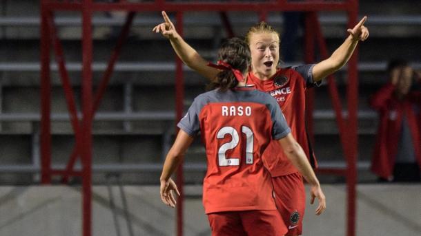 Emily Sonnett and Hayley Raso celebrating goal. | Photo: Portland Thorns FC - @ThornsFC Twitter