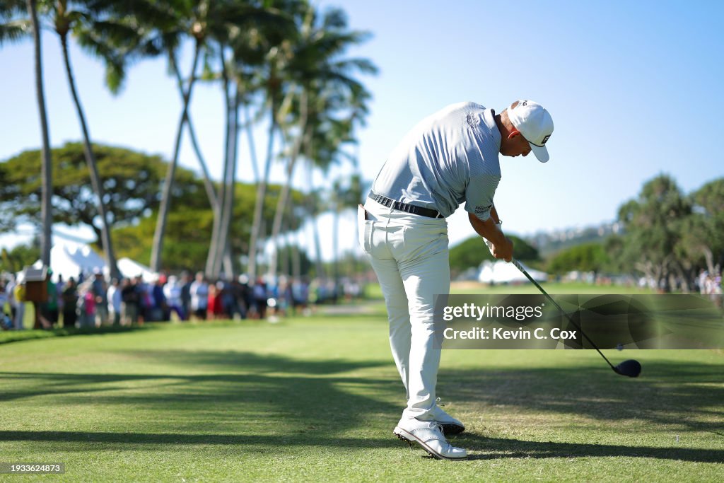 Sam Stevens of the United States plays his shot from the 18th tee during the final round of the Sony Open in Hawaii at Waialae Country Club on January 14, 2024 in Honolulu, Hawaii. (Photo by Kevin C. Cox/Getty Images)