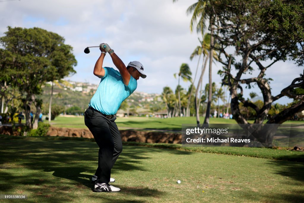  Hideki Matsuyama of Japan plays his shot from the second tee during the third round of the Sony Open in Hawaii at Waialae Country Club on January 13, 2024 in Honolulu, Hawaii. (Photo by Michael Reaves/Getty Images)