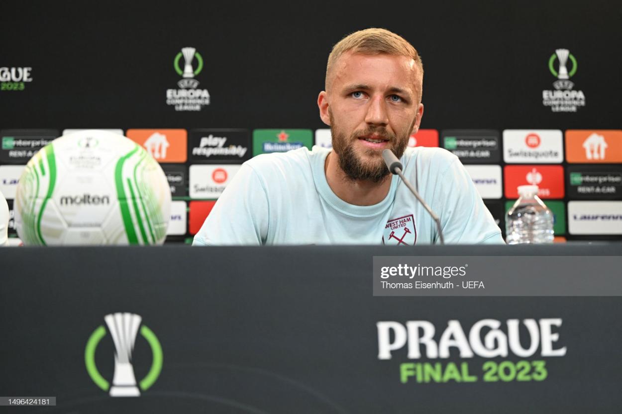 Tomas Soucek of West Ham United talks to the media during a Press Conference prior to the UEFA Europa Conference League 2022/23 final match between ACF Fiorentina and West Ham United FC on June 06, 2023 at Eden Arena in Prague, Czech Republic. (Photo by Thomas Eisenhuth - UEFA/UEFA via Getty Images)