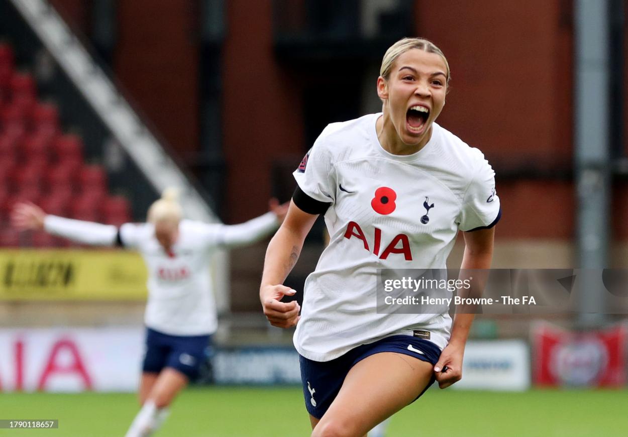 Celin Bizet Ildhusoy after scoring the first goal during the Women's Super League match between Tottenham and Liverpool. (Photo by Henry Browne - The FA/The FA via Getty Images)