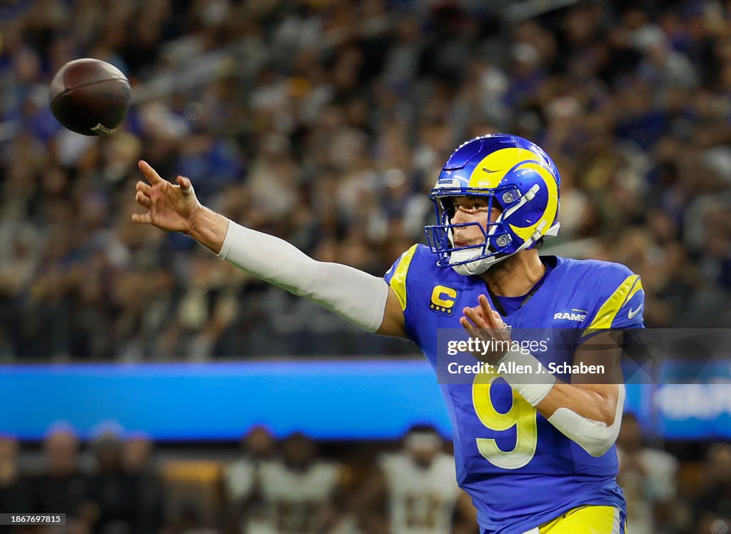 Inglewood, CA - December 21: Rams quarterback Matthew Stafford, #9, passes the ball against the Saints as the Rams beat the Saints 30-22 and tightened their grip on a possible postseason berth at SoFi Stadium in Inglewood Thursday, Dec. 21, 2023. (Allen J. Schaben / Los Angeles Times via Getty Images)