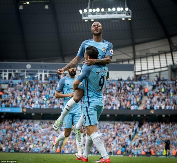 Sterling celebrates his second goal (photo: Ian Hodgson)