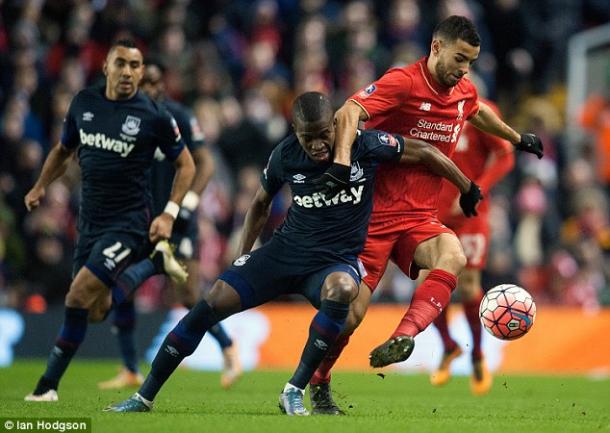 Stewart showing his strength against West Ham at Anfield (photo: Ian Hodgson)