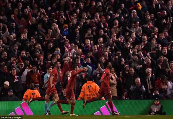 Liverpool's fans and players celebrate Daniel Sturridge's opener against United (photo: Getty Images)