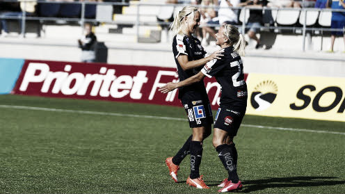 Linköpings' Pernille Harder and Vera Dyatel celebrate scoring in the 2014-15 Final. http://svenskfotboll.se/