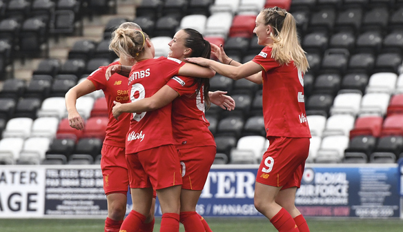 The Liverpool players celebrating Harding's goal last weekend | Photo: WSL