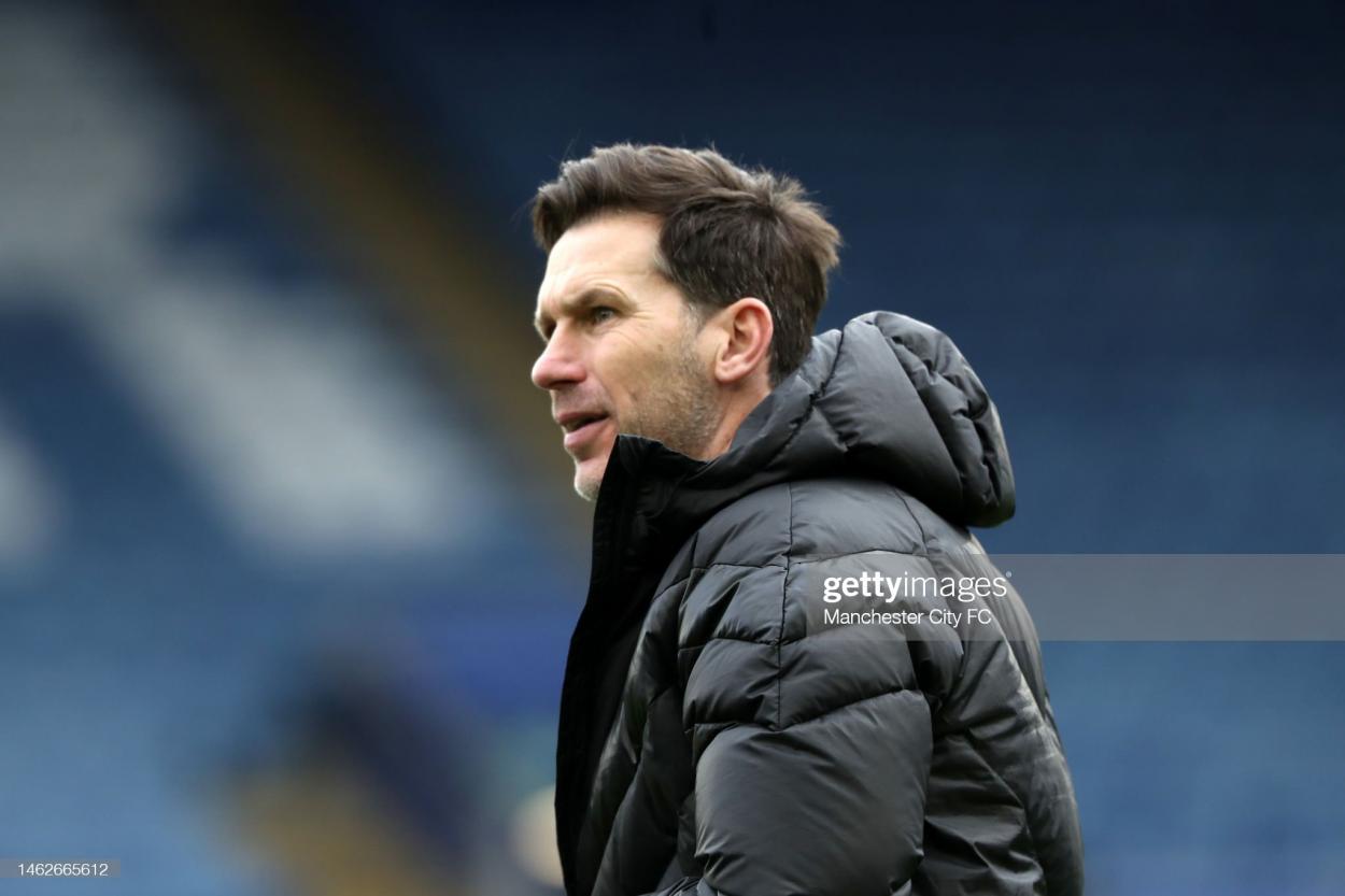 Gareth Taylor, manager of <b><a  data-cke-saved-href='https://www.vavel.com/en/data/manchester-city' href='https://www.vavel.com/en/data/manchester-city'>Manchester City</a></b> looks on after the FA Women's Super League match between Leicester City and <strong><a  data-cke-saved-href='https://www.vavel.com/en/football/2023/03/08/womens-football/1139914-euro-winners-secure-another-historic-moment-with-government-school-pledge.html' href='https://www.vavel.com/en/football/2023/03/08/womens-football/1139914-euro-winners-secure-another-historic-moment-with-government-school-pledge.html'>Manchester City</a></strong>. (Photo by <strong><a  data-cke-saved-href='https://www.vavel.com/en/football/2023/03/08/womens-football/1139914-euro-winners-secure-another-historic-moment-with-government-school-pledge.html' href='https://www.vavel.com/en/football/2023/03/08/womens-football/1139914-euro-winners-secure-another-historic-moment-with-government-school-pledge.html'>Manchester City</a></strong> FC/<strong><a  data-cke-saved-href='https://www.vavel.com/en/football/2023/03/08/womens-football/1139914-euro-winners-secure-another-historic-moment-with-government-school-pledge.html' href='https://www.vavel.com/en/football/2023/03/08/womens-football/1139914-euro-winners-secure-another-historic-moment-with-government-school-pledge.html'>Manchester City</a></strong> FC via Getty Images)
