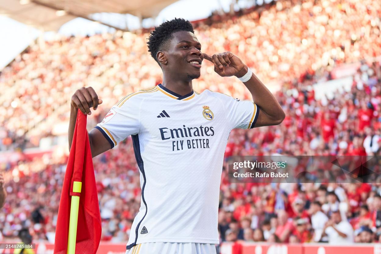 Aurelien Tchouameni of Real Madrid celebrates scoring his team´s first goal during the LaLiga EA Sports match between RCD Mallorca and Real Madrid CF at Estadi de Son Moix on April 13, 2024 in Mallorca, Spain. (Photo by Rafa Babot/Getty Images)