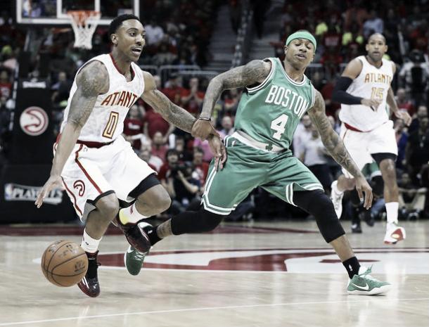 Atlanta's Jeff Teague drives past Boston's Isaiah Thomas. | Curtis Compton/Atlanta Journal-Constitution via AP