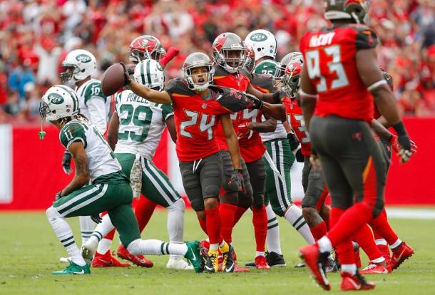 Brent Grimes celebrates an interception. |via buccaneers.com|