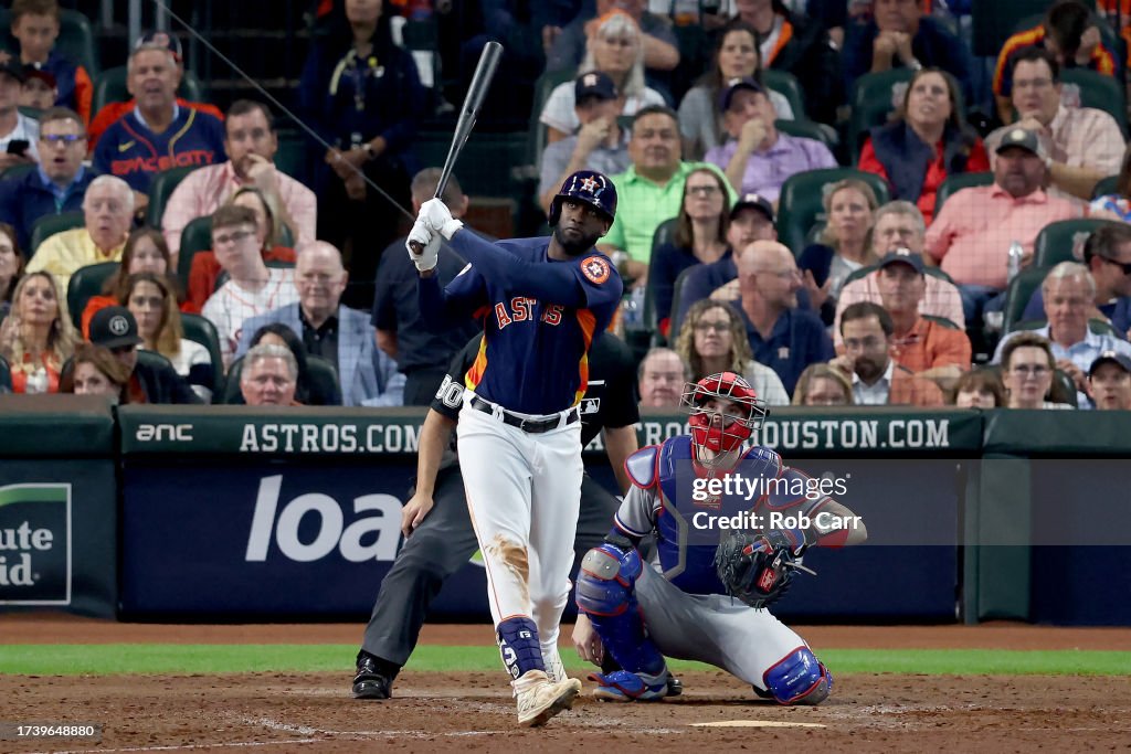 Yordan Alvarez #44 of the Houston Astros hits a solo home run against Aroldis Chapman #45 of the Texas Rangers during the eighth inning in Game Two of the American League Championship Series at Minute Maid Park on October 16, 2023 in Houston, Texas. (Photo by Rob Carr/Getty Images)