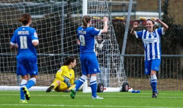 Gurr celebrates after scoring against Portsmouth (Photo credit: The Argus/Geoff Penn)