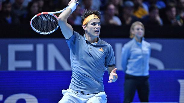 Thiem plays a forehand at the ATP Finals/Photo: Tennis TV