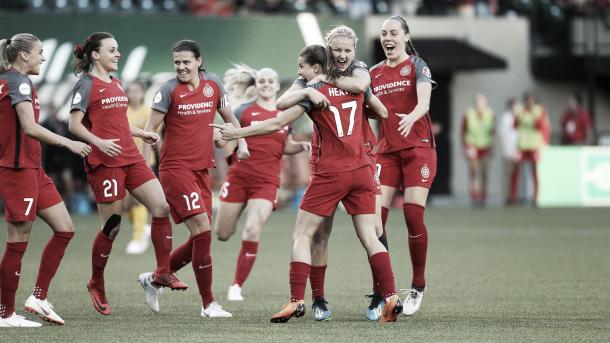 Portland Thorns celebrating a goal at Providence Park in Portland, OR on July 6, 2018 | Photo: NWSLsoccer.com