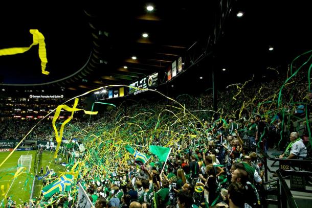 This is only a portion of the Timbers Army in action at Providence Park. Photo provided by Craig Mitchelldyer. 