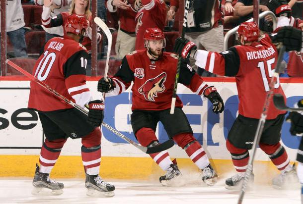 Tobias Rieder celebrates his goal, but it was too little too late. (Photo by Norm Hall/NHLI via Getty Images)